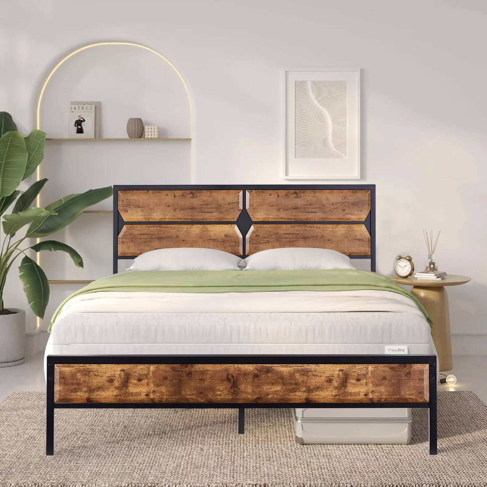 Vecelo Bed Frame Wooden Headboard Twin/Full/Queen 